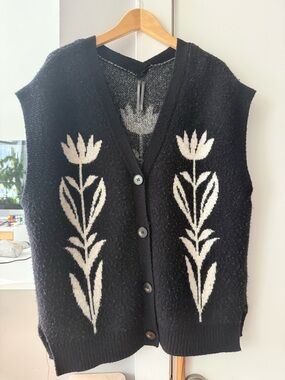Black Floral Knit Button-Front Sweater Vest
